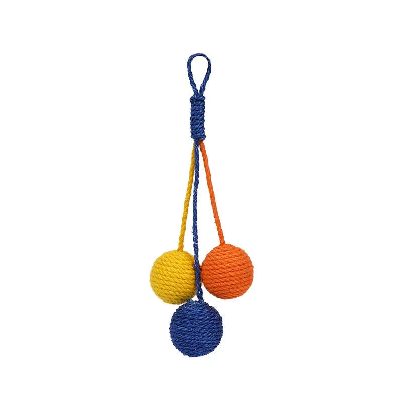 Cat toy set with teaser stick and coloured catnip balls on white background