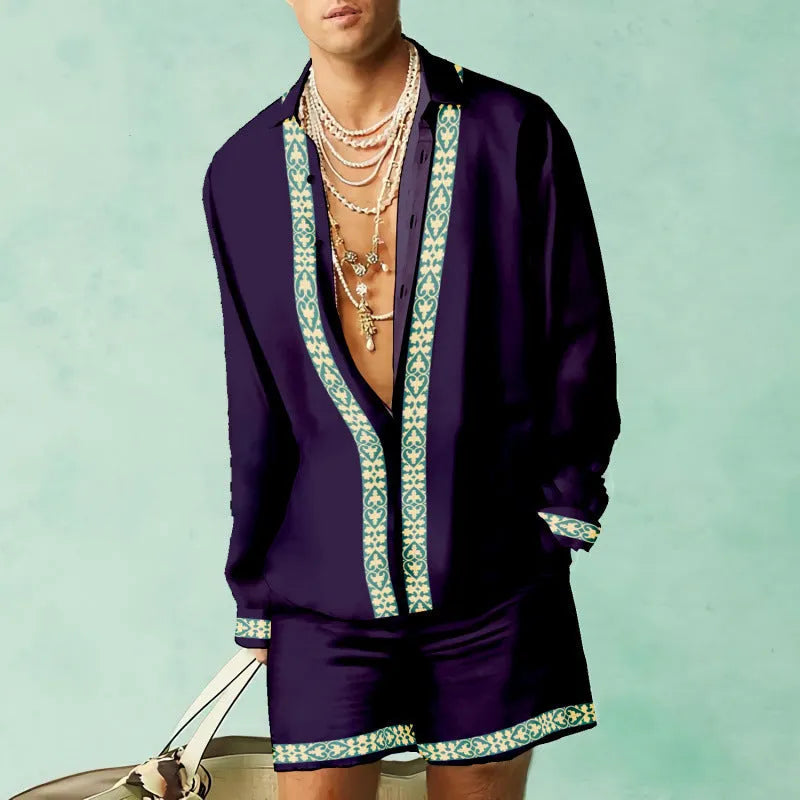 Men's slim fit casual summer matching set with long sleeve shirt and shorts on a hanger