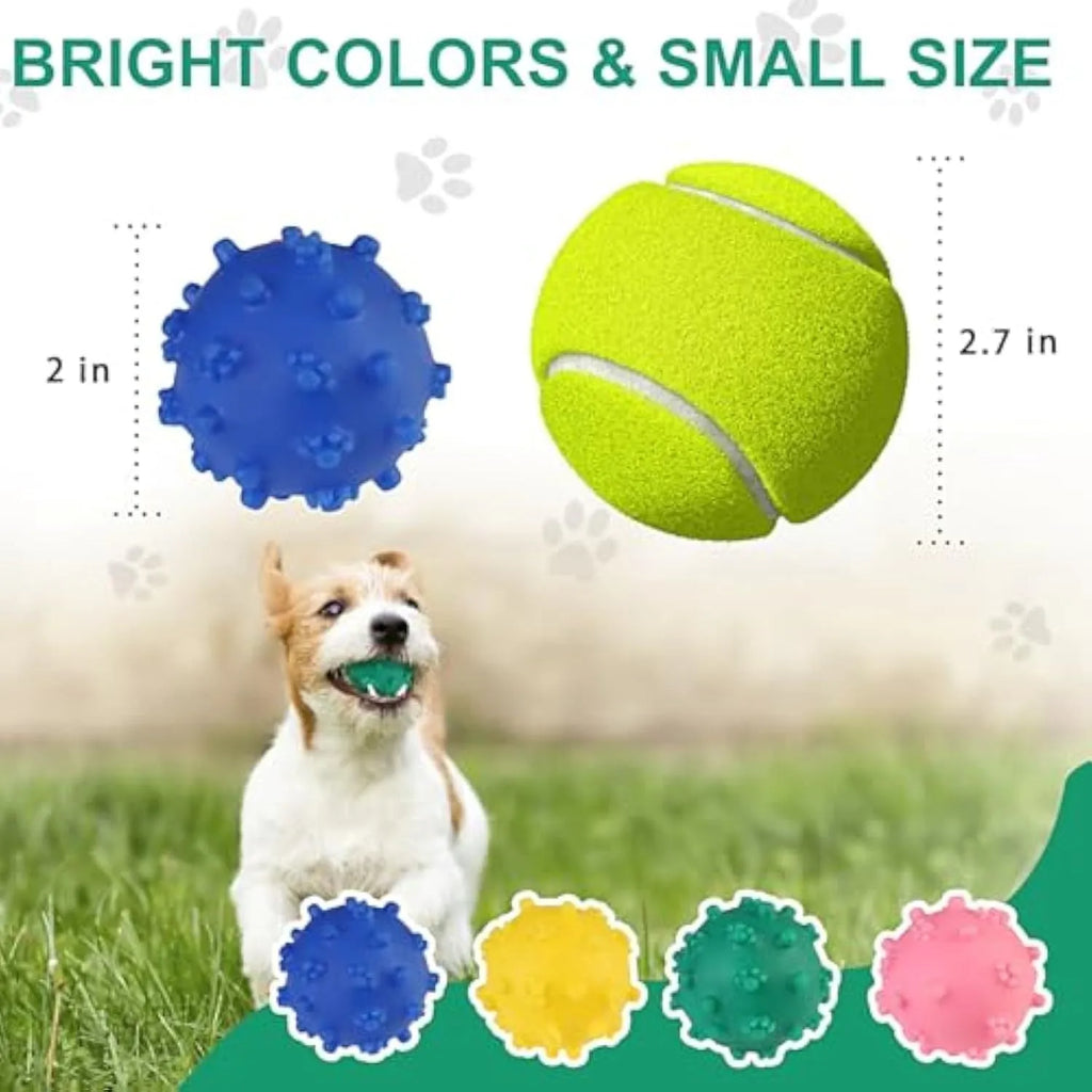 Bright coloured spiky dog toy balls measuring 2 inches in diameter for small dogs
