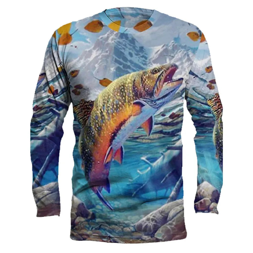 Men's grey round neck pullover top with an all-over printed fish pattern on the front and sleeves.