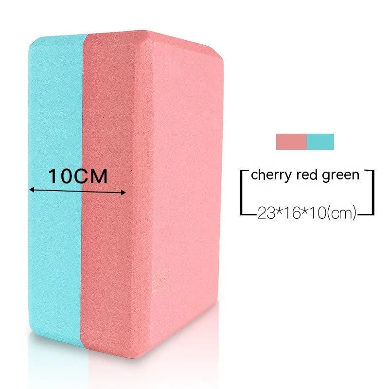 High-density EVA foam yoga block in various colours and prints on a workout mat.