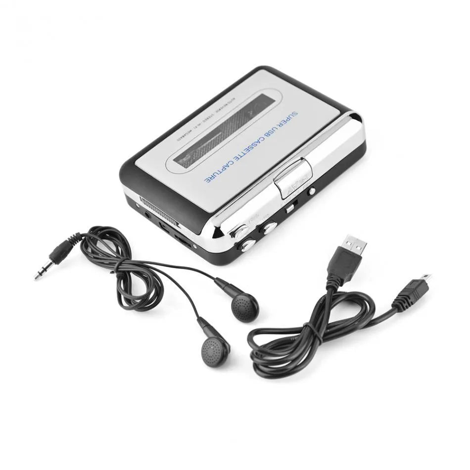 Silver USB cassette converter for converting tapes to MP3 files with USB cable and earphones
