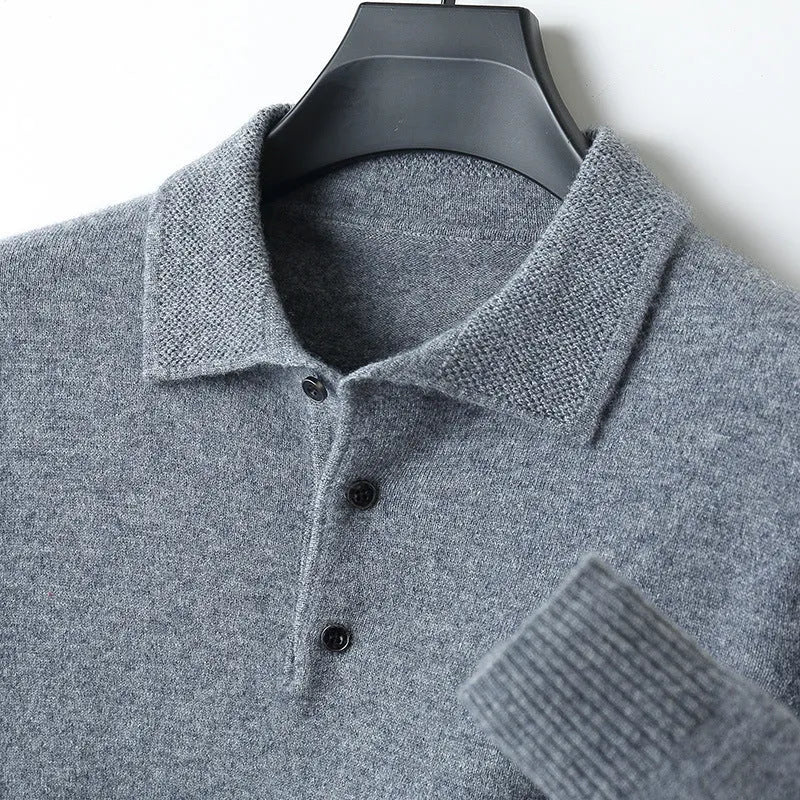 Men's grey wool sweater pullover with a polo collar and long sleeves laid flat.