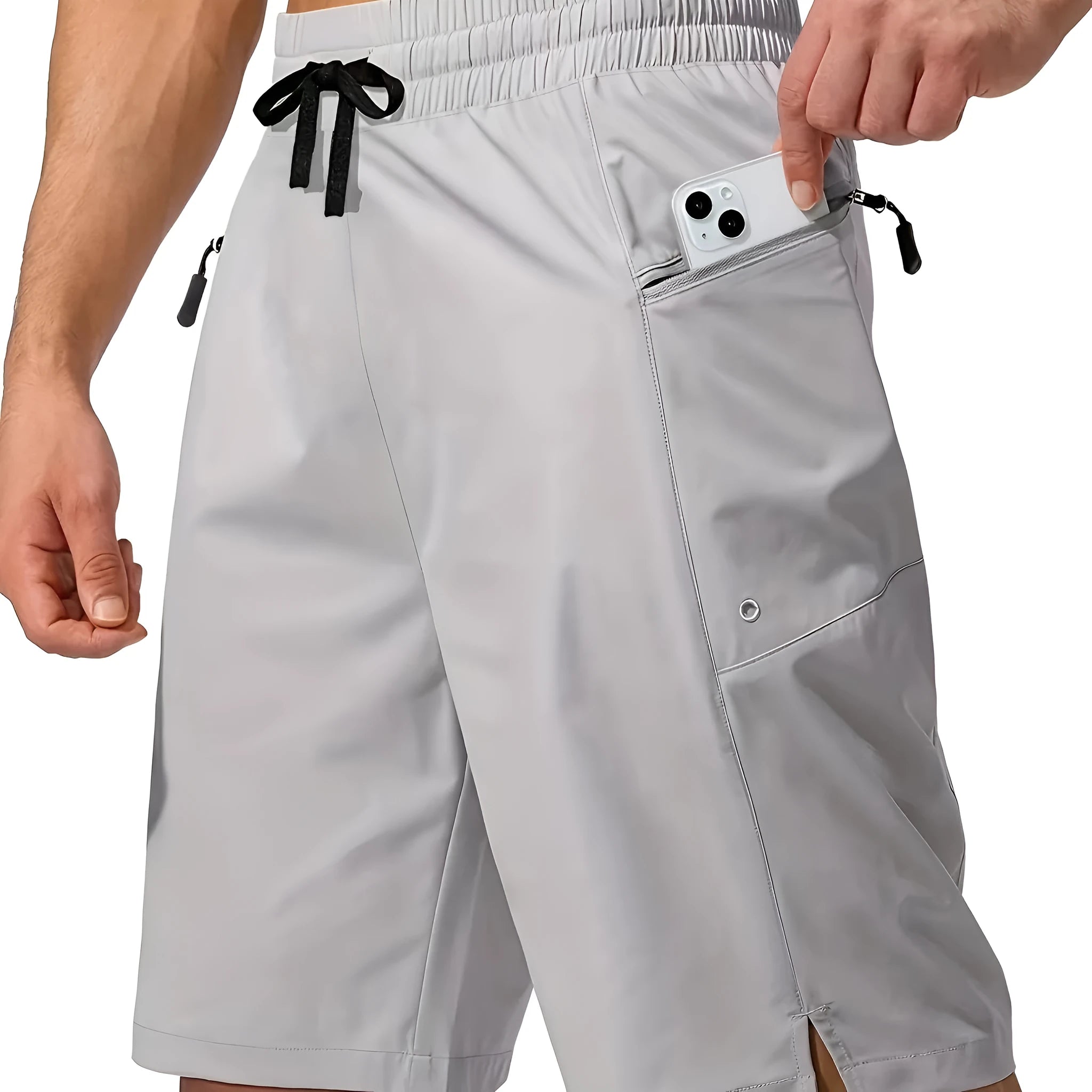 Men's solid colour quick-drying beach shorts with straight-leg design