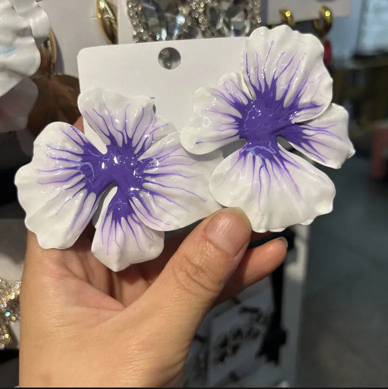 Pastoral style alloy flower stud earrings with oil-spot glaze finish in blue, green, purple and rose colour variations