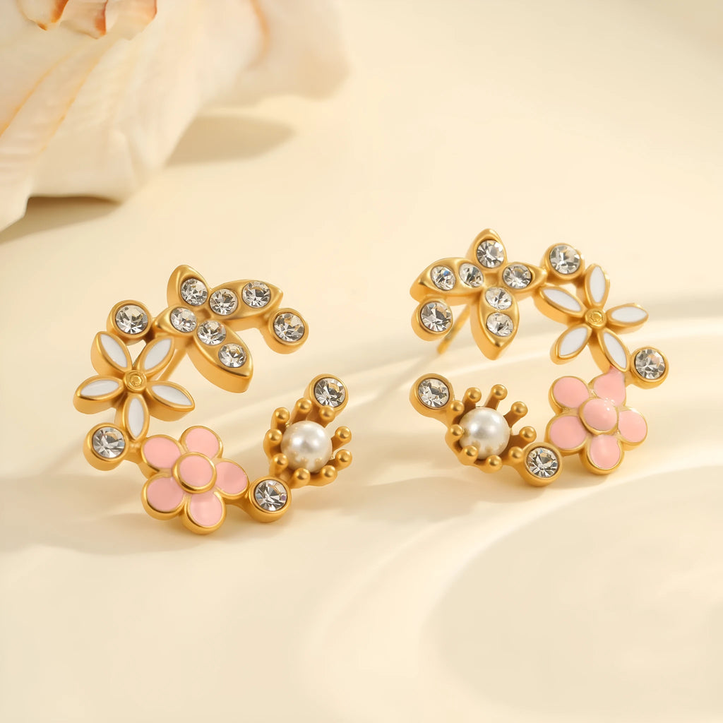 Colourful flower stud earrings with petal design made from 18K stainless steel