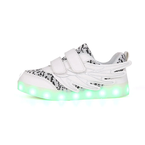 Children's plum red and white LED light-up sneakers with USB charging port visible