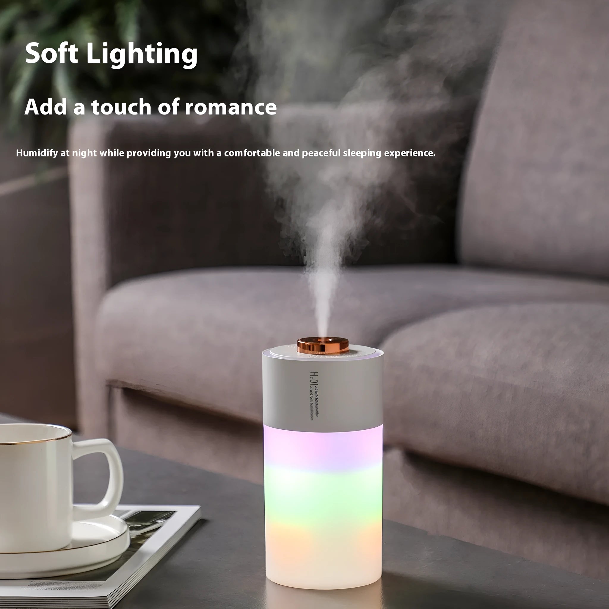 Homehold colourful plastic humidifier column shape 7.5x7.5x14.8cm USB charging low noise white or pink
