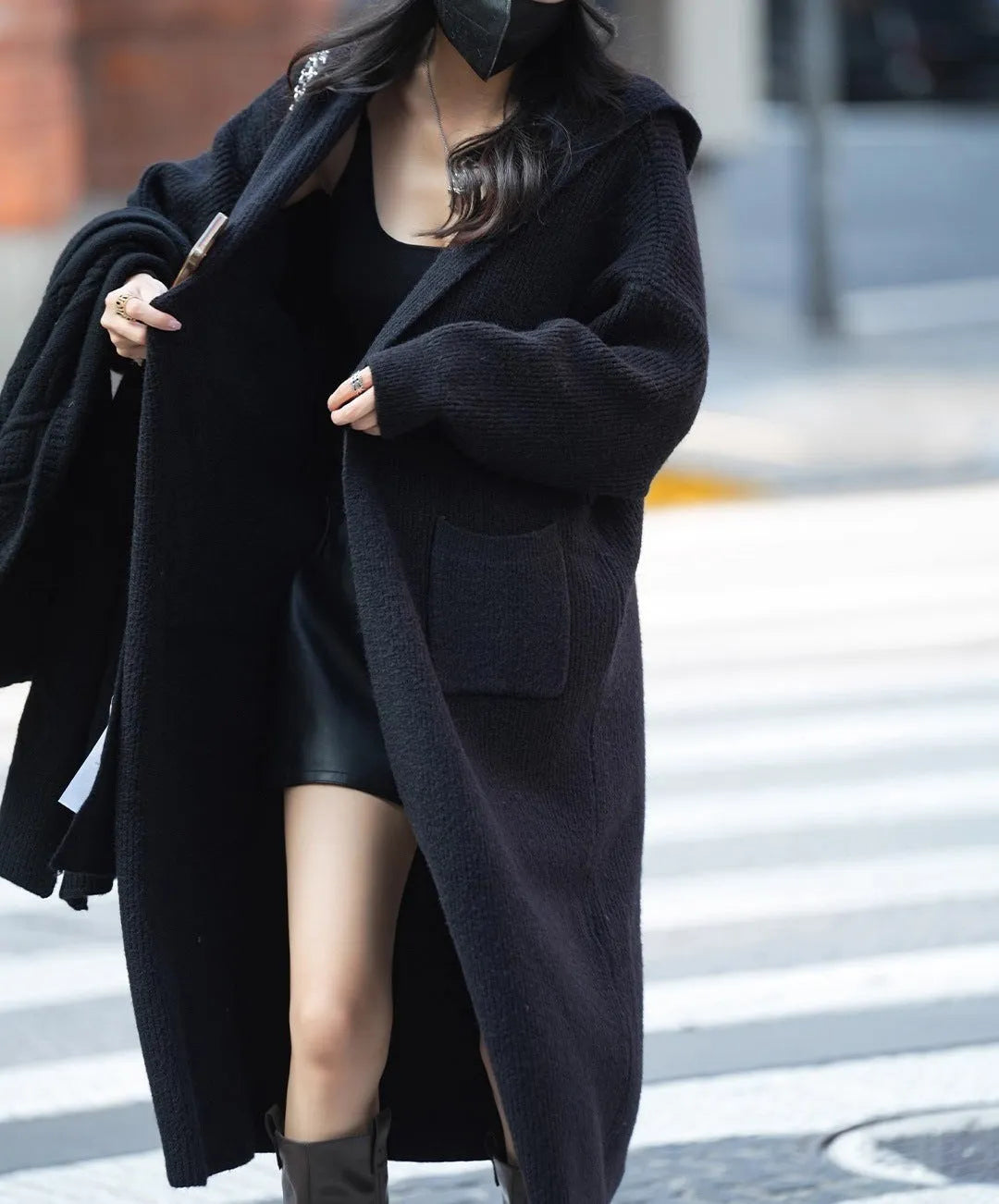 Women's grey knitted cardigan trench coat with hood and regular sleeves
