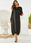 Black loose lantern dress with lace-up crew neck and long sleeves