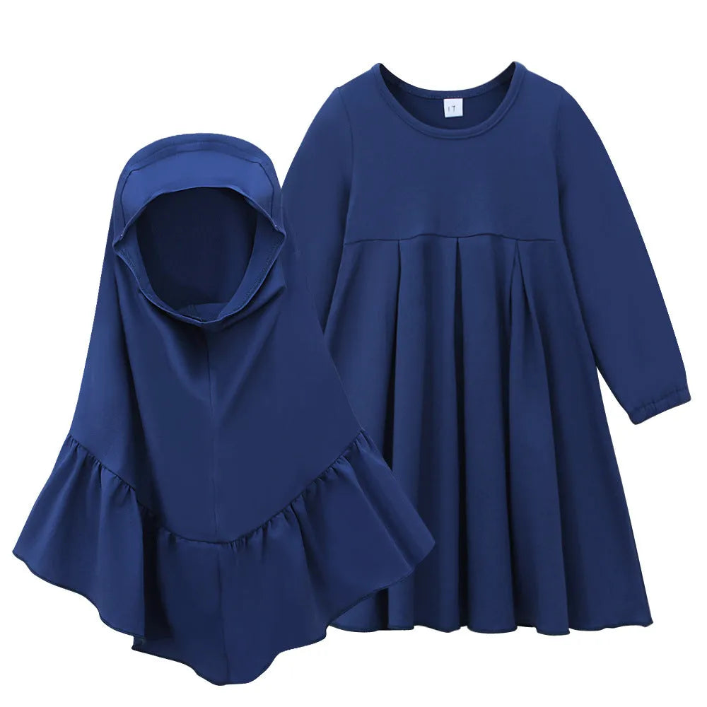 Girls cotton A-line dress and headscarf set in dark blue for heights 70-140 yards
