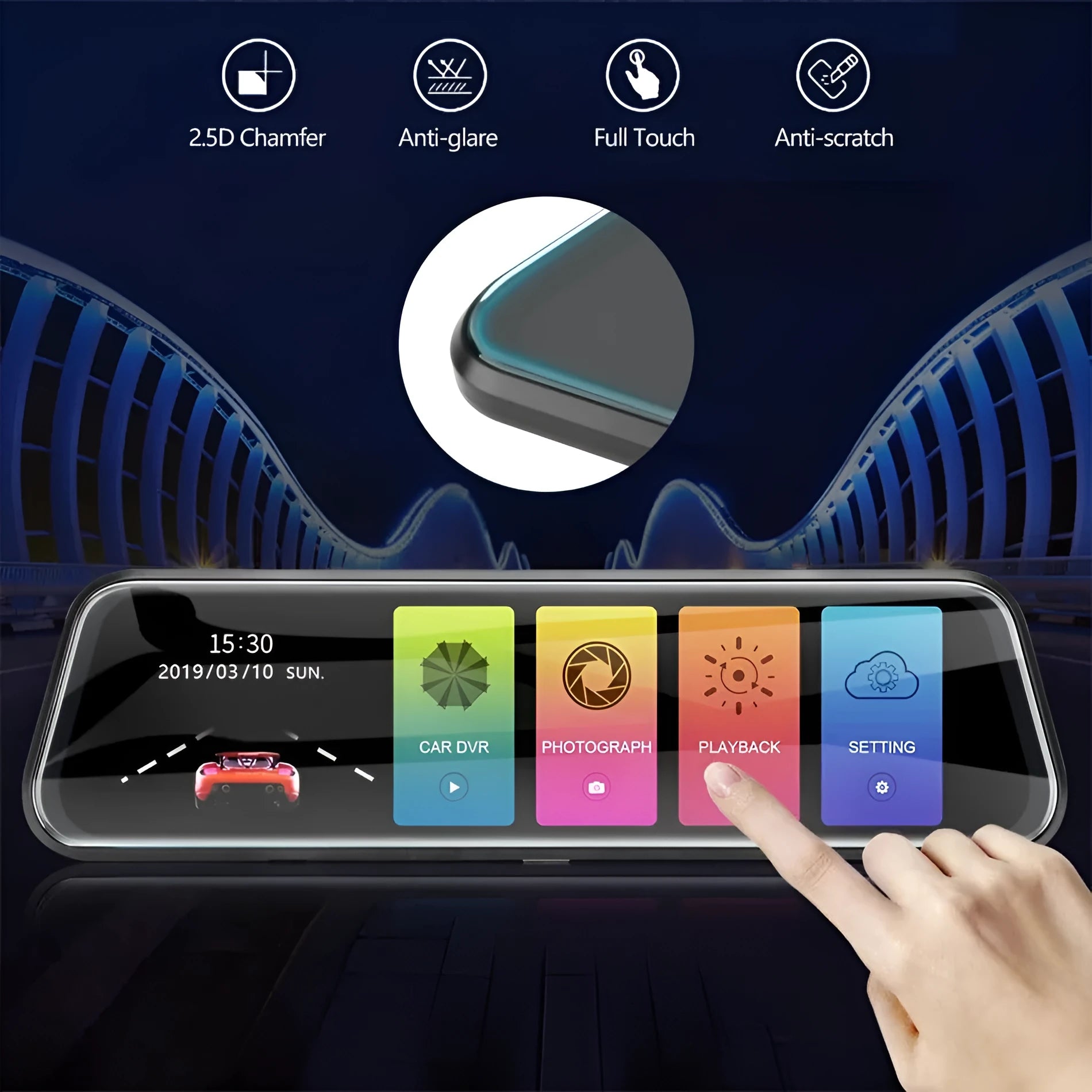 HD 1080p dual lens rearview mirror recorder with 9.66-inch touch screen showing front and rear video