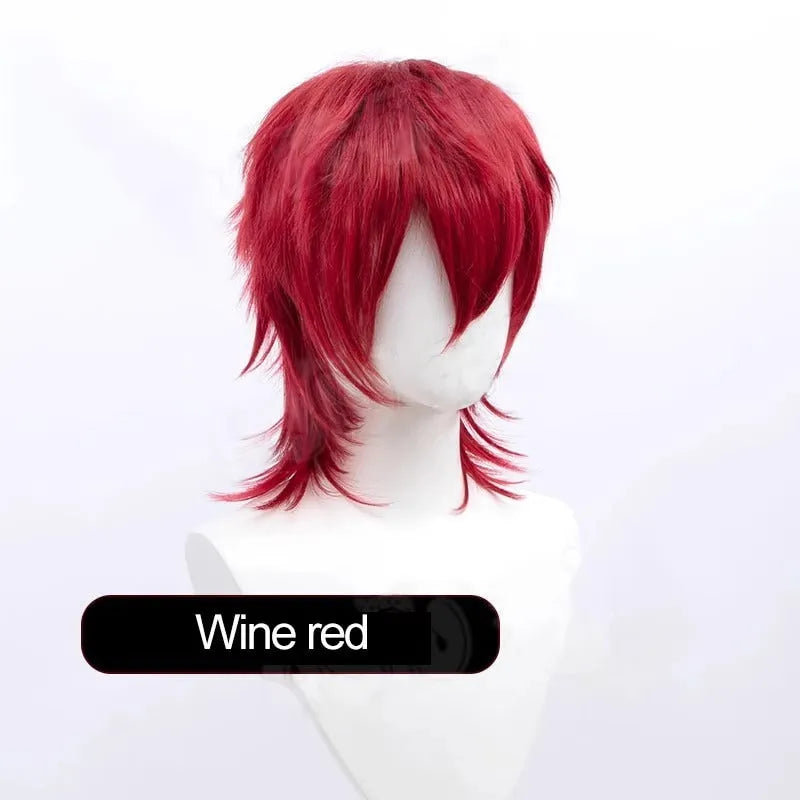 A short hairstyle Anime cosplay wig for men on a stand, shown in a vibrant colour.
