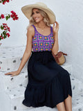 Purple sleeveless dress with hand-hook floral embroidery on cotton-blend fabric