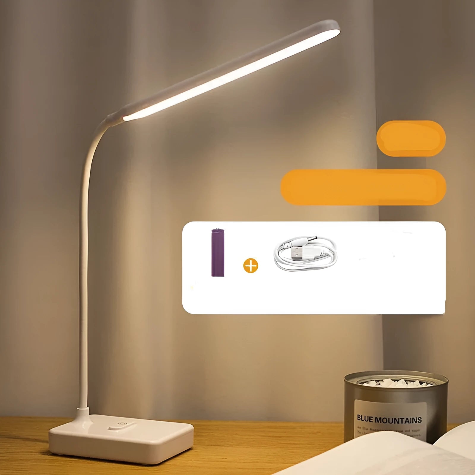 White USB charging folding LED desk lamp with touch switch and lithium battery on a desk
