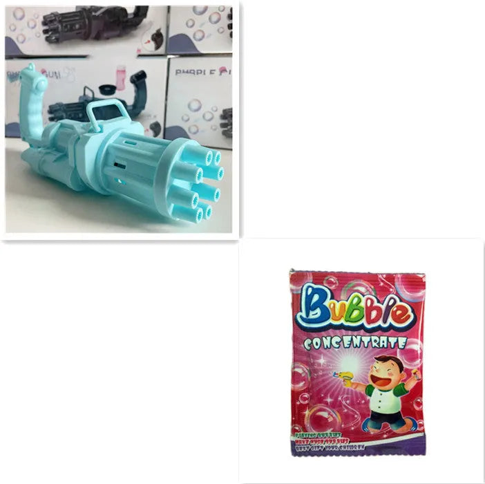 Realistic pink bubble machine gun toy for kids on a green lawn.