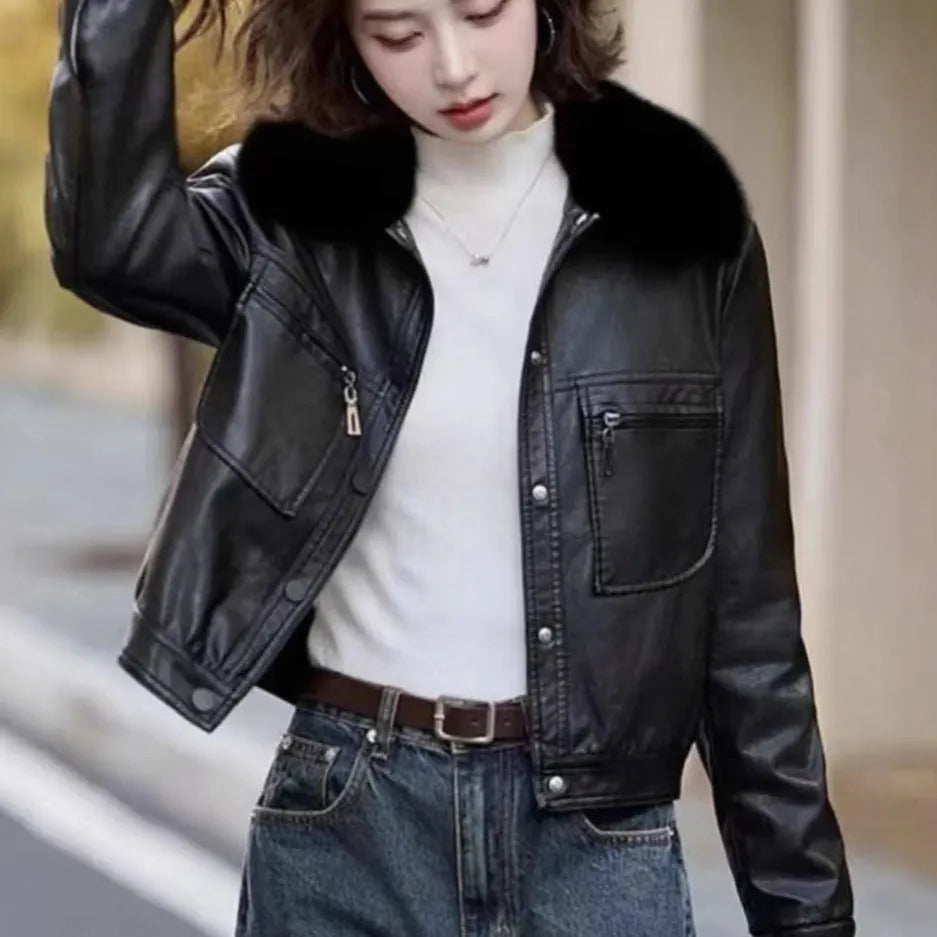 Women's fleece-lined thickened PU leather Western style short lapel coat in black with conventional sleeves