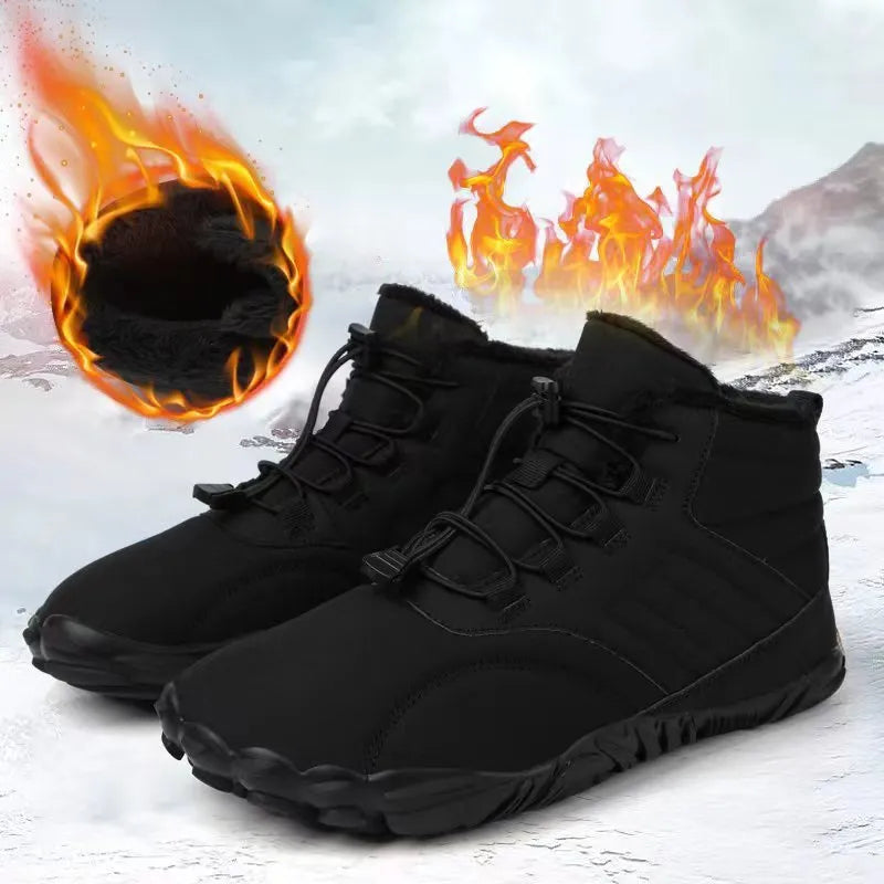 Outdoor winter slip-on boots for men and women with non-slip rubber sole, artificial plush lining, and waterproof Oxford cloth upper in black colour