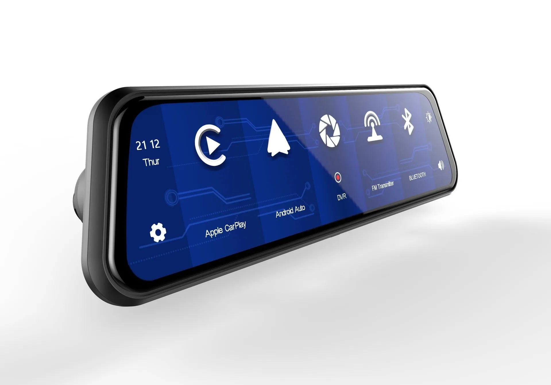 Black dual-lens driving recorder with 9.66-inch touch screen mounted on car windscreen.