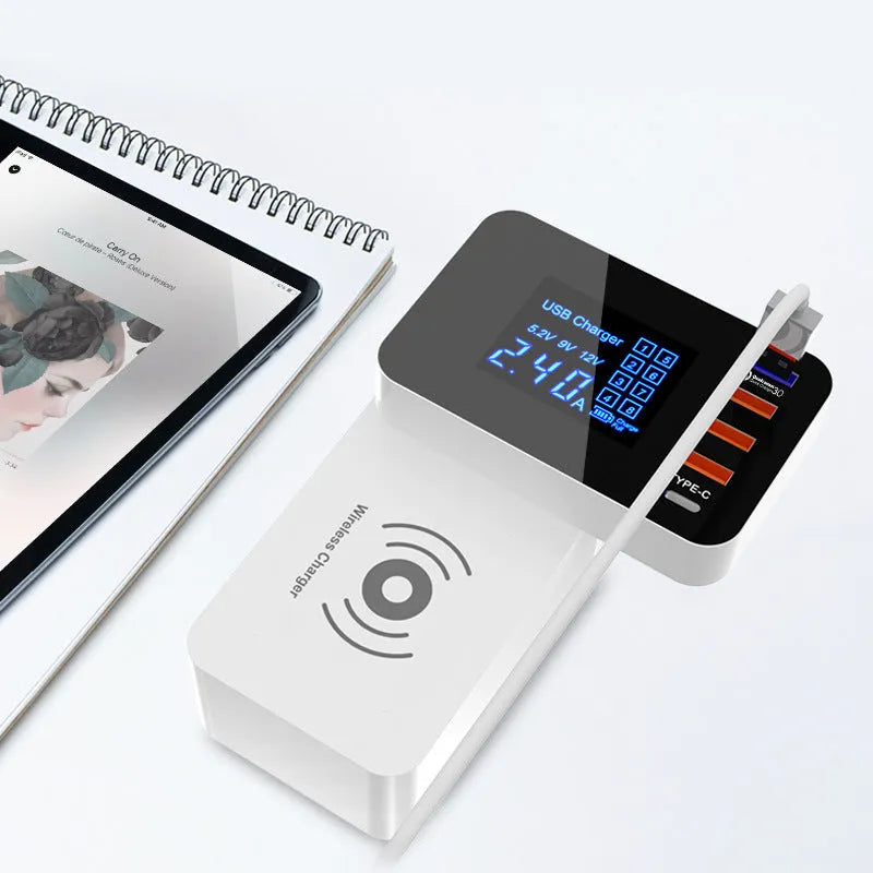 White multi USB port fast charger with wireless charging pad and EU UK US plug adapters