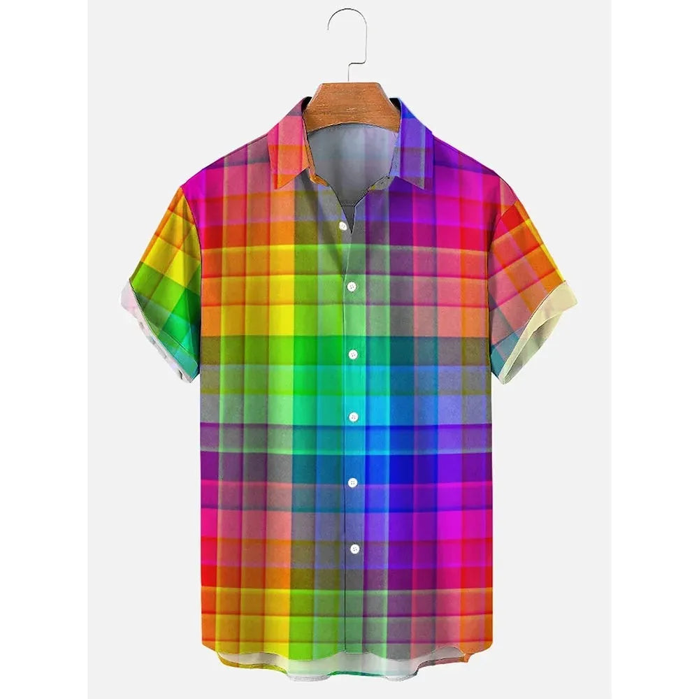 Men's striped Hawaiian shirt with button front and short sleeves in stretch elastic fabric