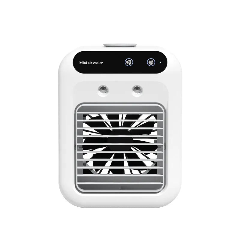 Ivory white portable air cooler with water cooling and atomization, USB powered, touchscreen control, 25W