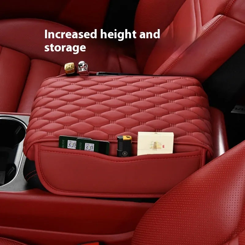Leather car armrest box organiser in brown, measuring 32x22x5 cm for general vehicle models