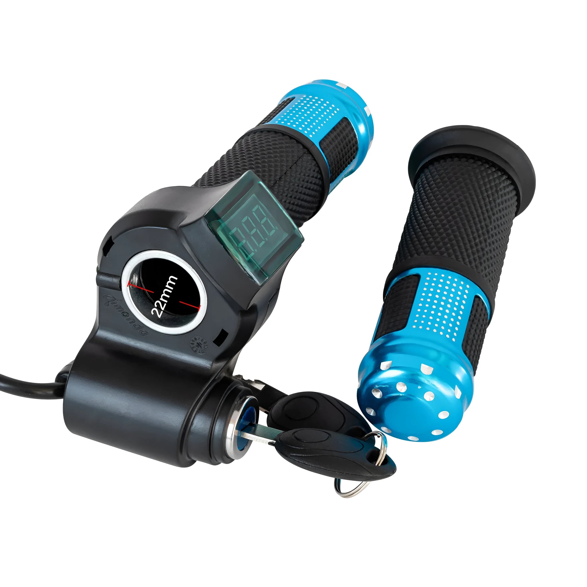 Electric vehicle handlebar control section in blue, red, silver, or yellow colours with IPX4 waterproof rating