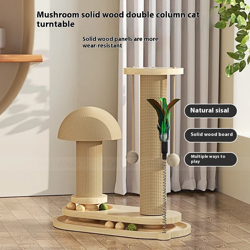 Solid wood cat scratching post with a central rotating turntable, shown in a natural wood finish.
