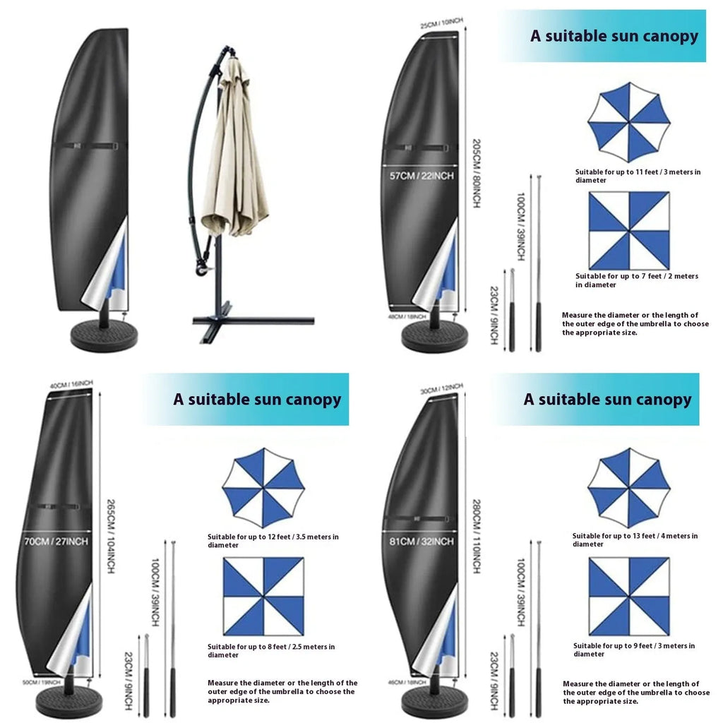 Waterproof grey oxford cloth cover for a banana-shaped outdoor patio umbrella.