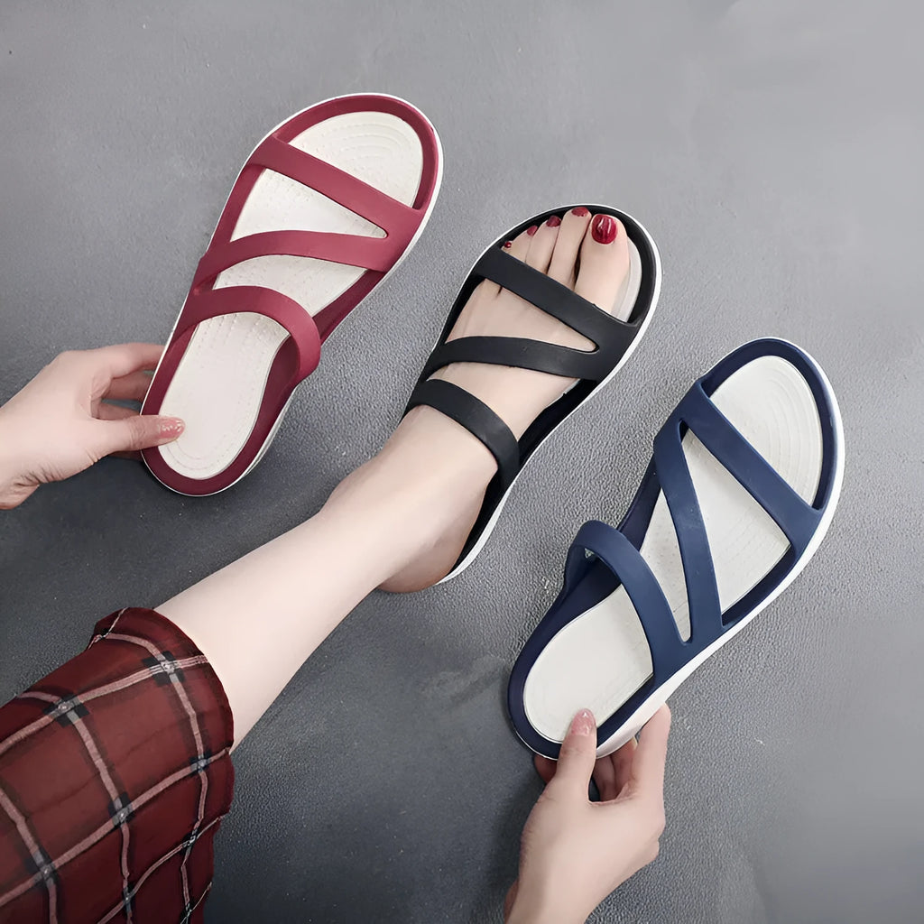 Women's summer beach sandals in red, purple, blue, black, grey, or pink with breathable PP upper