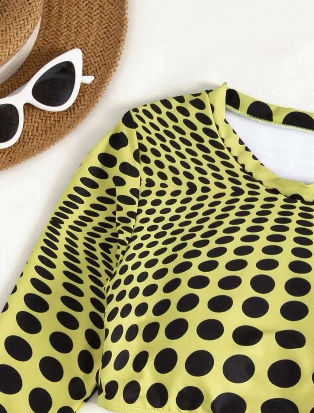 Women's green polka dot swimsuit three-piece set with matching top and skirt