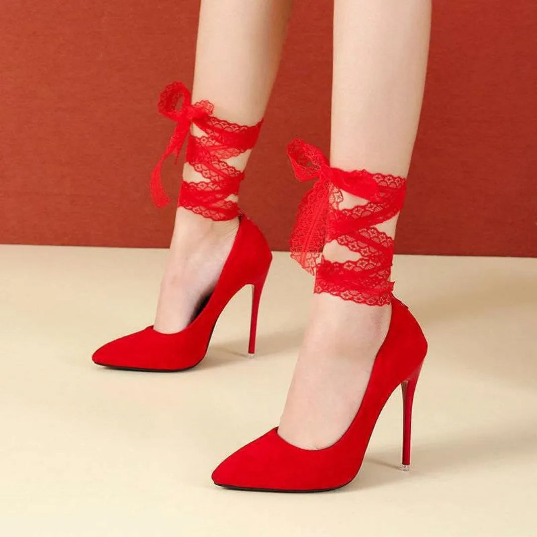 Women's black high heel shoes with pointed toe and fabric strap, 12cm heel