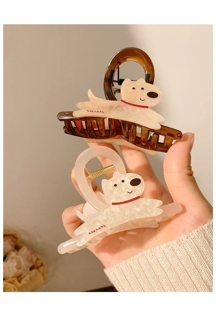 Cartoon puppy design barrettes hair grips in beige and brown colours showing 8cm and 13cm sizes