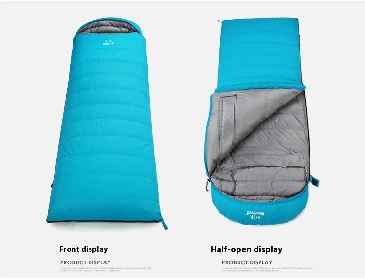 Black outdoor down sleeping bag with envelope structure for adults, shown with white goose down filler.