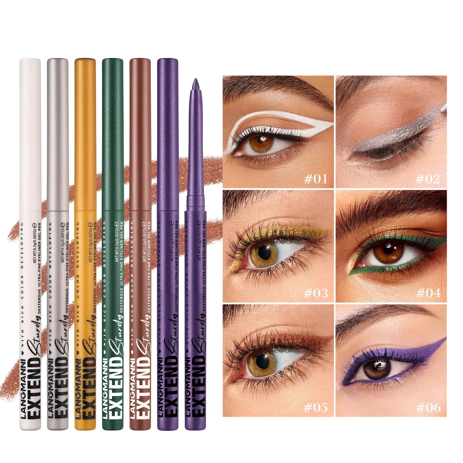Set of 12 colourful gel glitter eyeliner pencils showing matte, glitter, metallic, and pearl effects