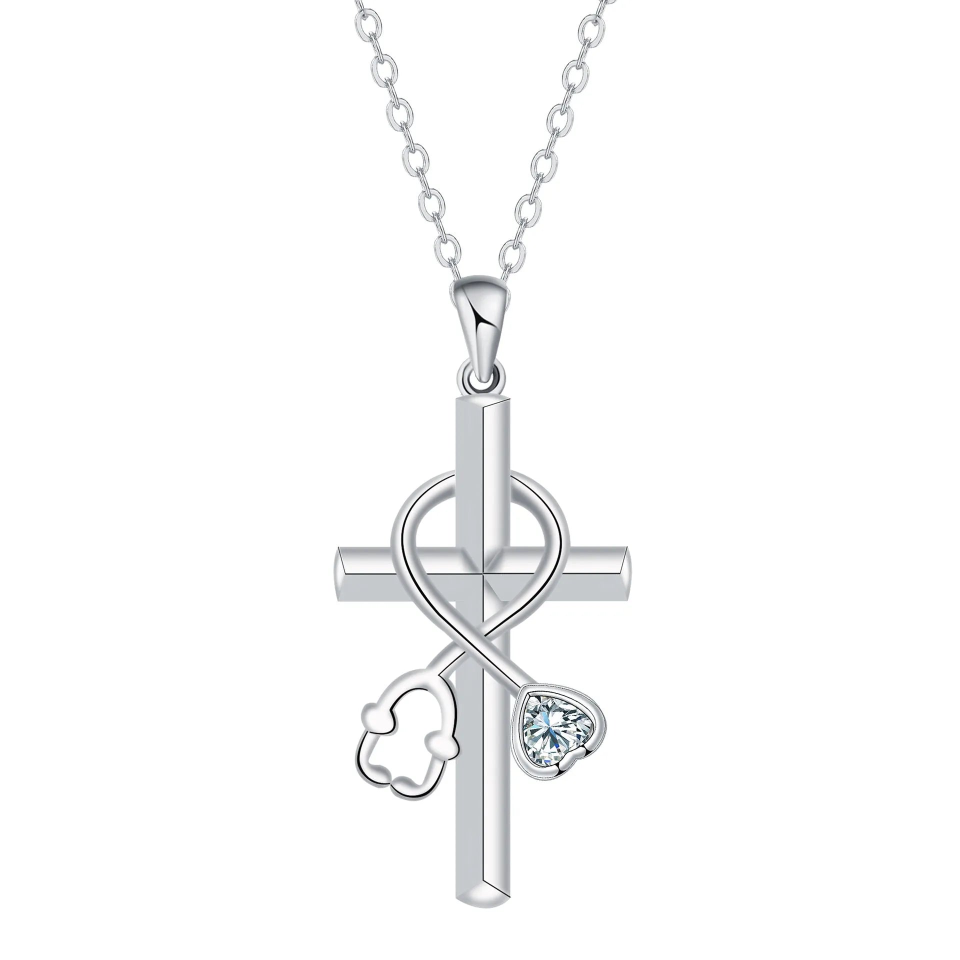 Cross stethoscope necklace with copper pendant on cross chain, medical-themed women's jewellery