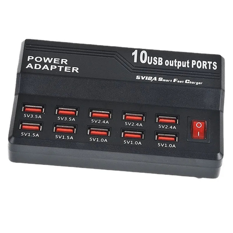 Black 10-port USB charging power strip with smart charging and aluminium heat dissipation, shown with multiple cables connected
