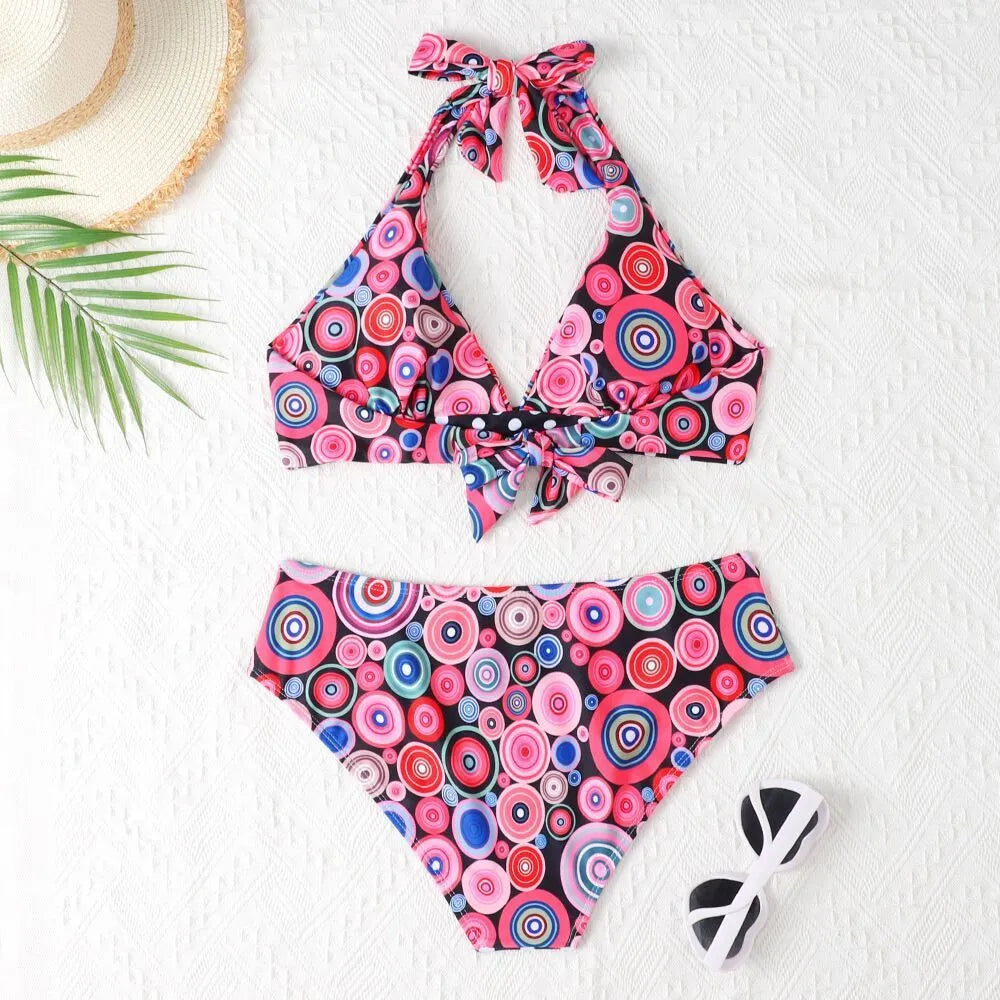 Women's printed high waist split bikini suit in floral pattern, polyester spandex, sizes S to 2XL