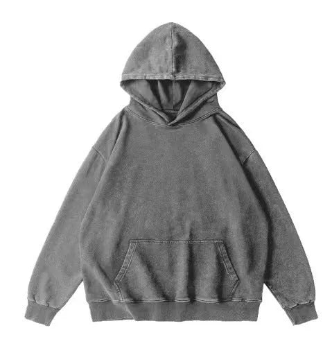 Men's retro washed loose fit cotton batik drop-shoulder pullover sweater in washing hooded brown on white background