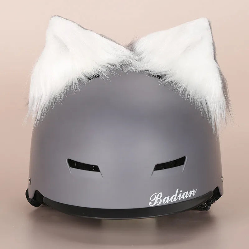 A plush fabric cartoon helmet cover set for adults, showing character designs like a bear and dinosaur for cosplay.