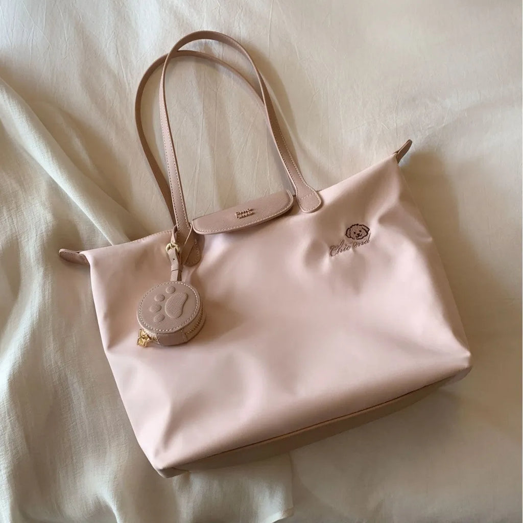 Oxford cloth shoulder tote bag with sandwich pocket and mobile phone compartment in pink macaron colour