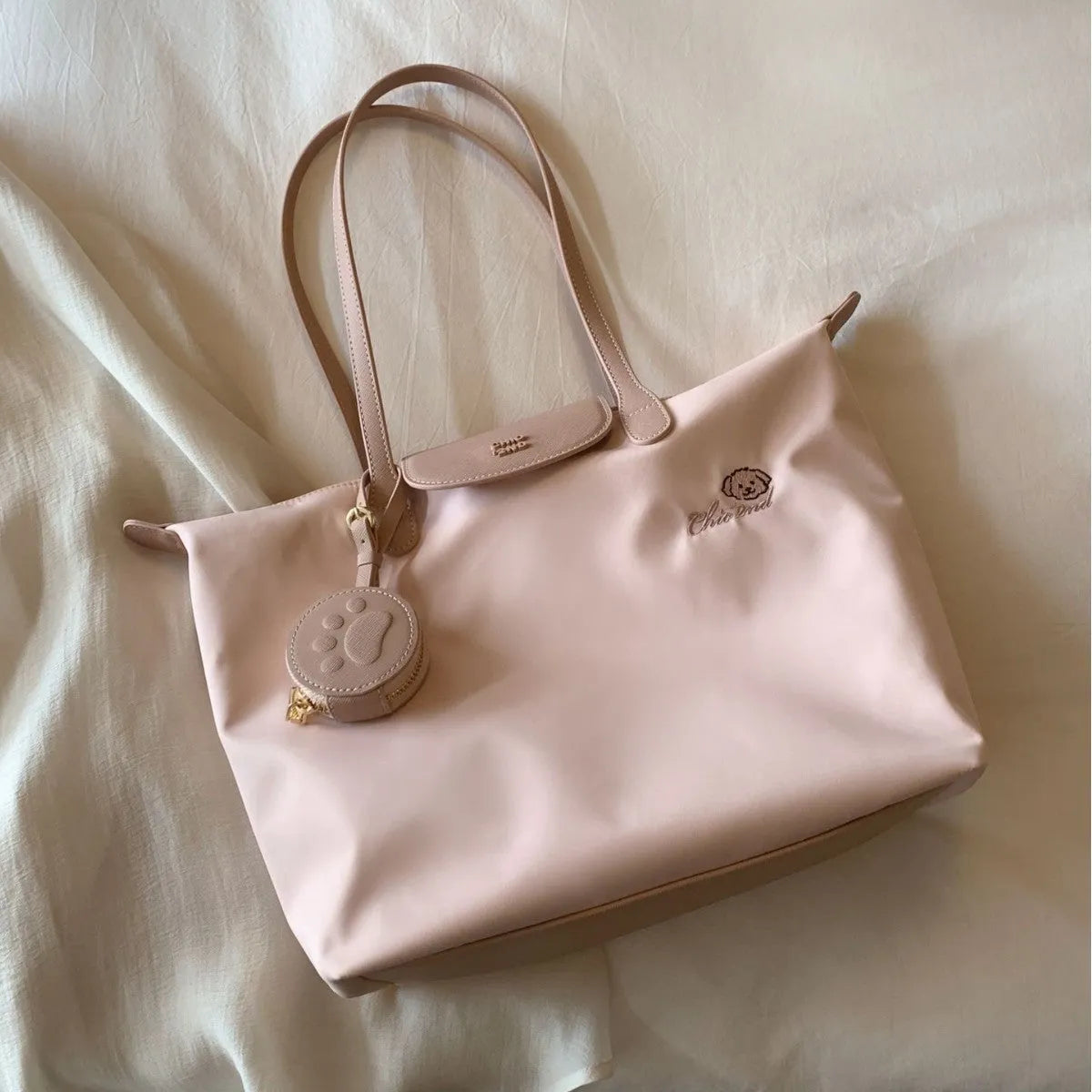 Oxford cloth shoulder tote bag with sandwich pocket and mobile phone compartment in pink macaron colour