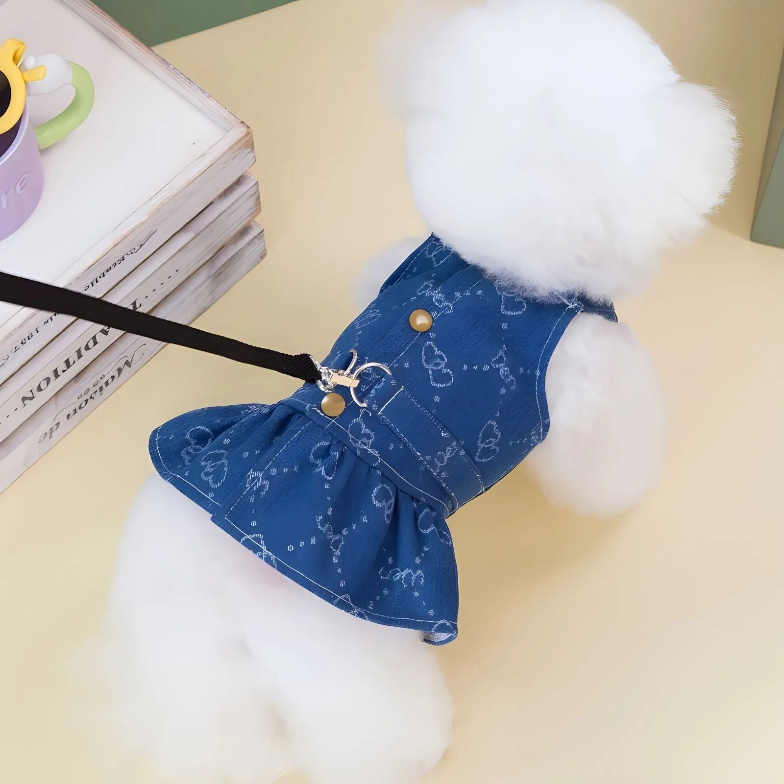 Teddy Bichon wearing thin denim princess dress with bracket-skirt design in blue denim