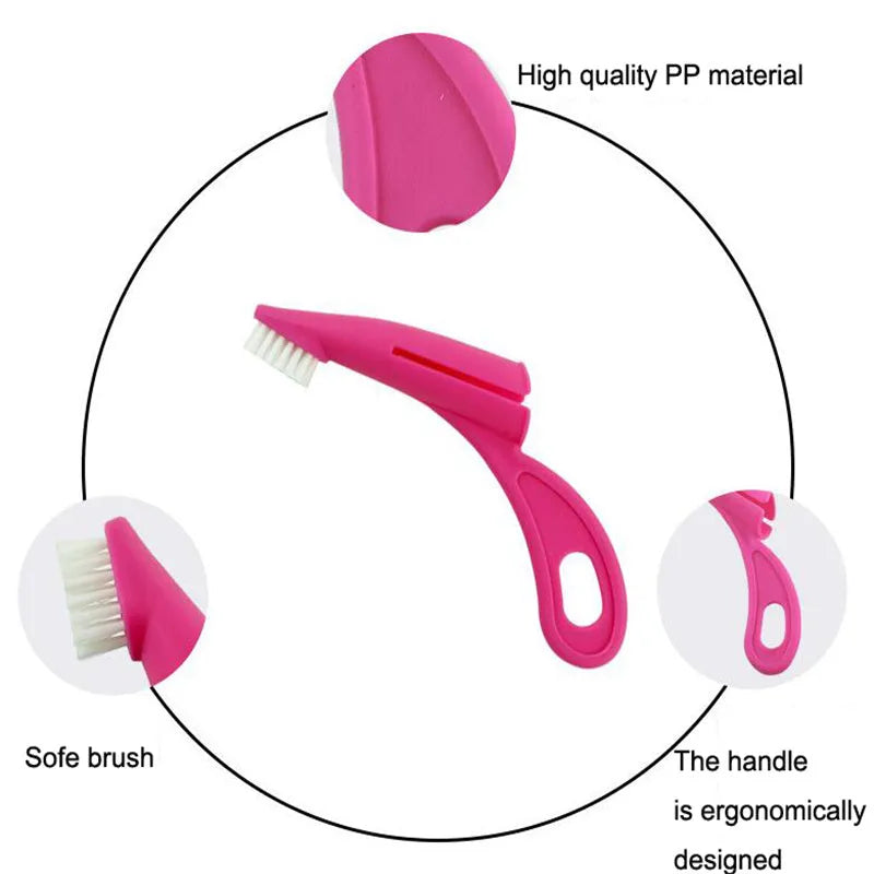 Red and white finger toothbrush for pet dental cleaning with soft silicone bristles