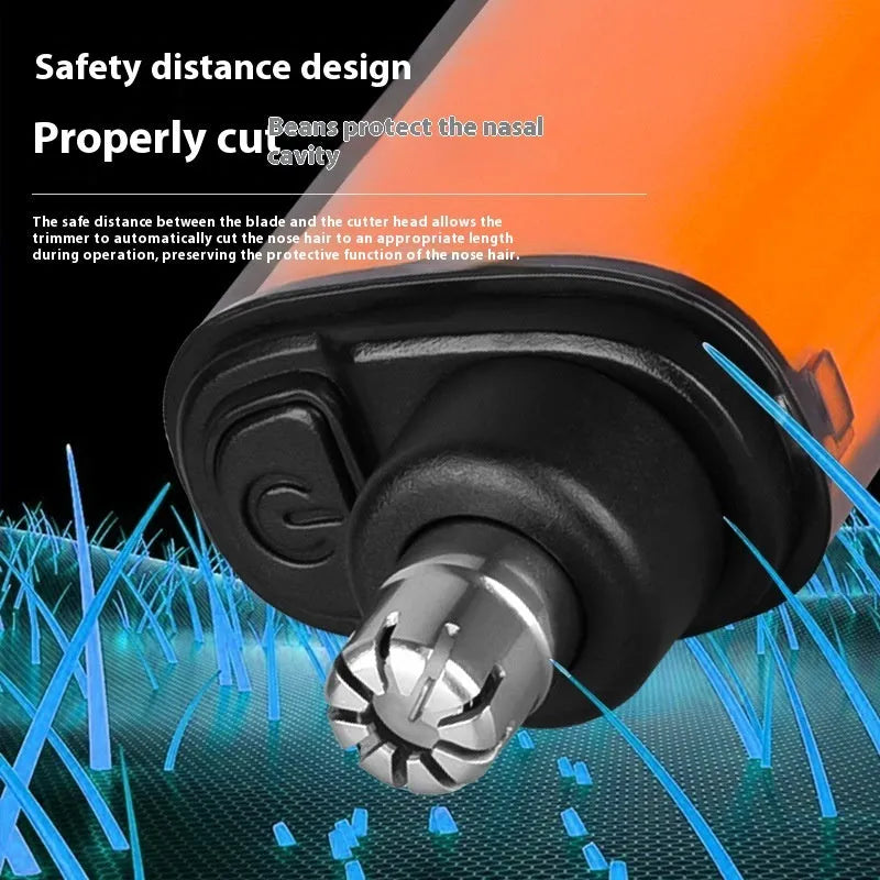 Rechargeable nose hair trimmer with digital display in black, blue, or orange colours