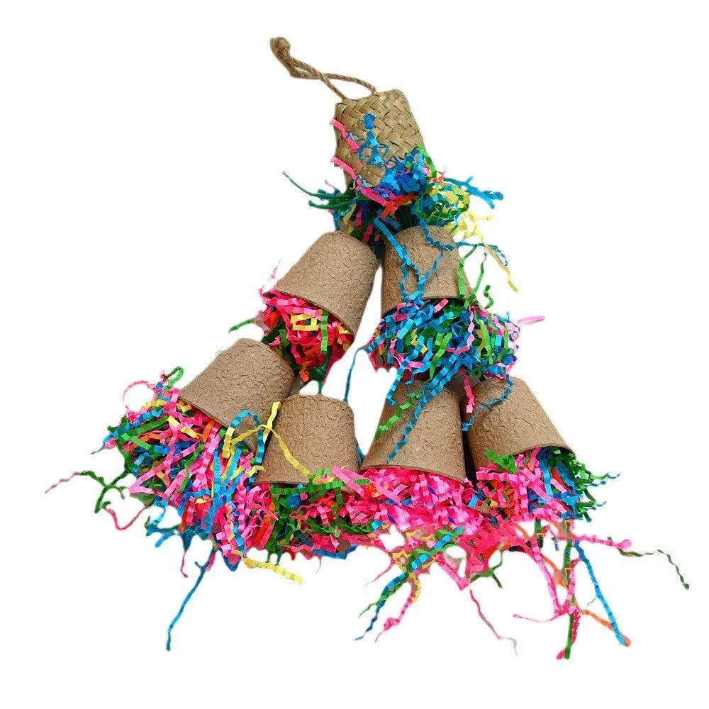 Natural wood-coloured parrot chewing toy with palm leaf and rattan weaving construction, 38cm hanging length