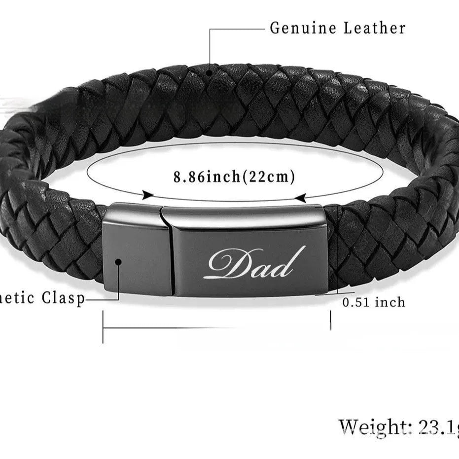 Black stainless steel memorial bracelet with woven leather design and engraved text