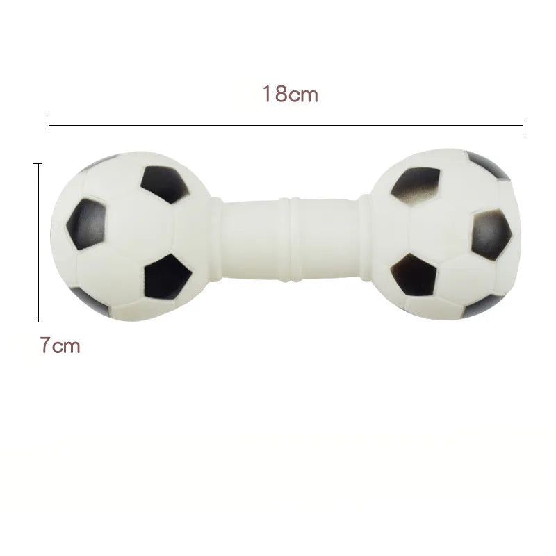 Football dumbbell shaped dog chew toy with squeaker in brown, orange, white, and yellow colour options.