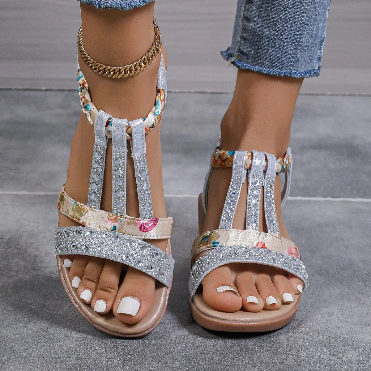 Bohemian wedge peep toe sandals women's slip-on low top PU sole non-slip wedge heel fish mouth toe gold colour size 37
